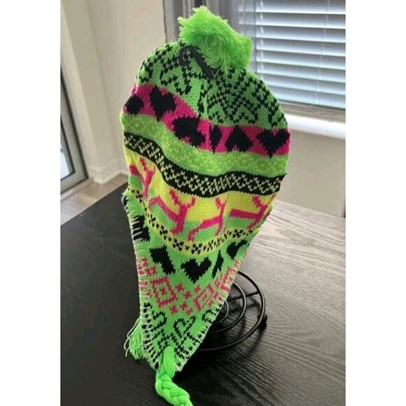 Bright Neon Colors Andean Style Chullo Ear Flap Trapper Hat Neon Green - Picture 4 of 5